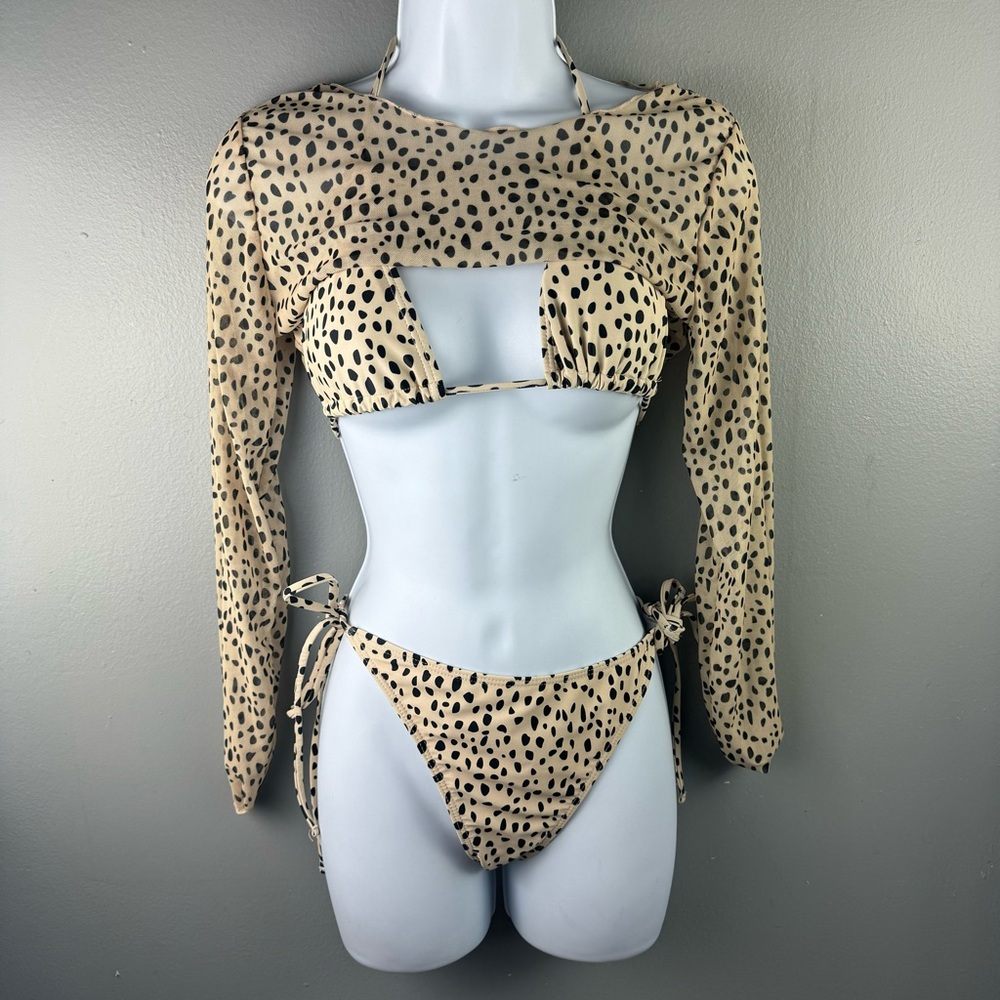 3 Pc Cheeky Cheetah Print Beige Black Swim Suit Bikini - Size Large